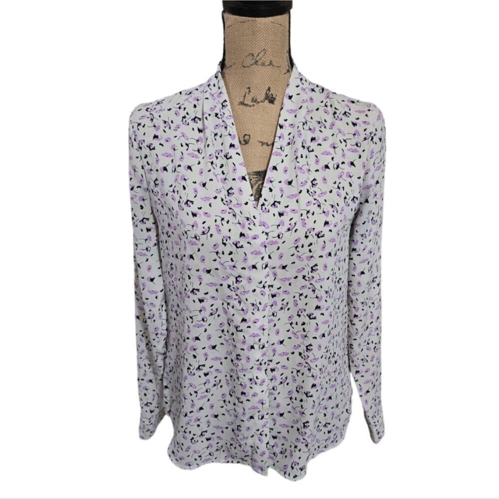 Halogen Womens XS White Purple Floral V-Neck Long Sleeve Blouse HA408379MI